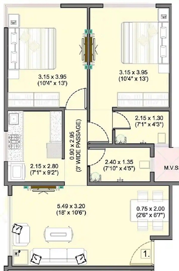 Floor plan of 2 BHK 679 Sq. Ft. Apartment in Dimple Avenue 641, Mumbai
