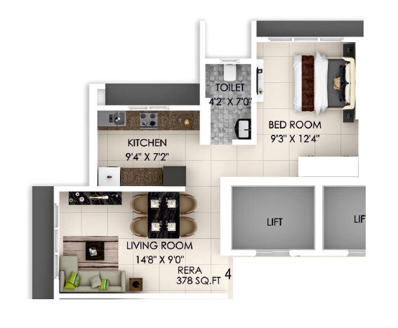 Floor plan of 1 BHK 378 Sq. Ft. Apartment in Dimple Westwood, Mumbai