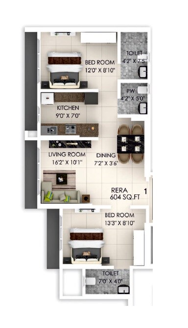 Floor plan of 2 BHK 604 Sq. Ft. Apartment in Dimple Westwood, Mumbai