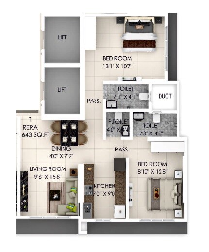 Floor plan of 2 BHK 643 Sq. Ft. Apartment in Dimple Westwood, Mumbai