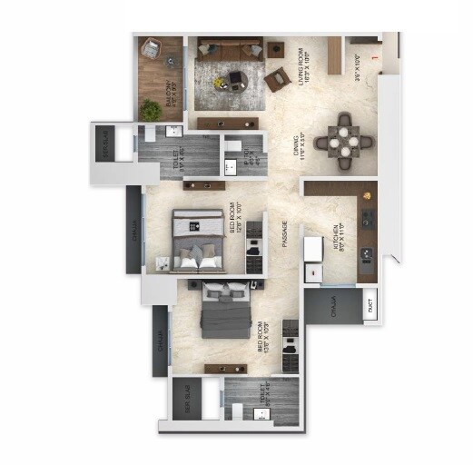 Floor plan of 2 BHK 836 Sq. Ft. Apartment in Dimples 73 East, Mumbai