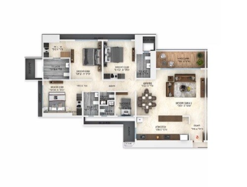 Floor plan of 3 BHK 1462 Sq. Ft. Apartment in Dimples 73 East, Mumbai