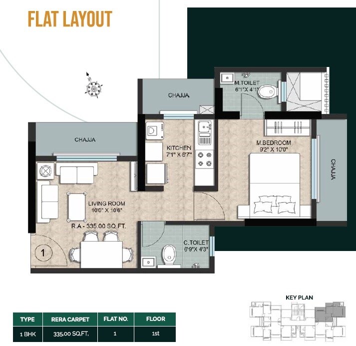 Floor plan of 1 BHK 335 Sq. Ft. Apartment in Dinaco Darshan CHS, Mumbai