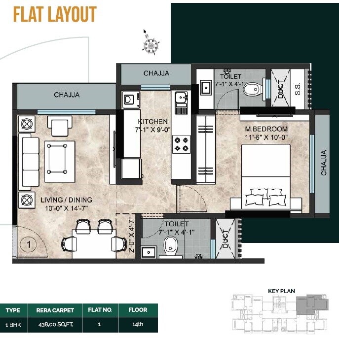 Floor plan of 1 BHK 374 Sq. Ft. Apartment in Dinaco Darshan CHS, Mumbai