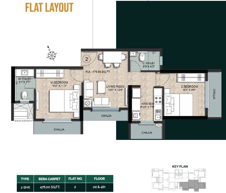 Floor plan of 2 BHK 476 Sq. Ft. Apartment in Dinaco Darshan CHS, Mumbai
