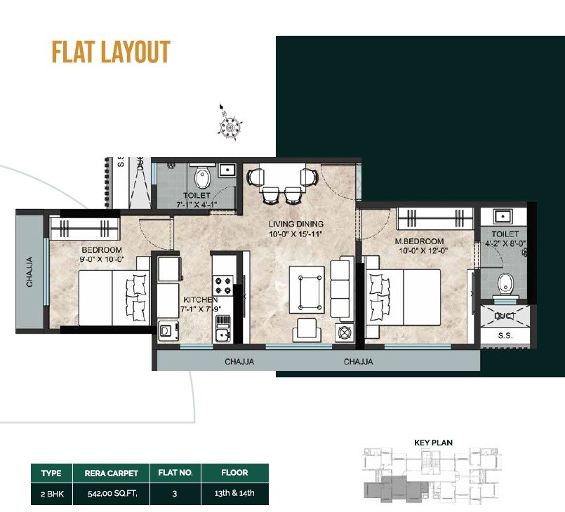Floor plan of 2 BHK 542 Sq. Ft. Apartment in Dinaco Darshan CHS, Mumbai