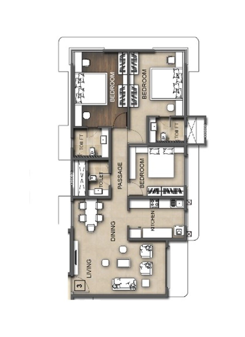 Floor plan of 3 BHK 1012 Sq. Ft. Apartment in Dipti Aaryavarta, Mumbai