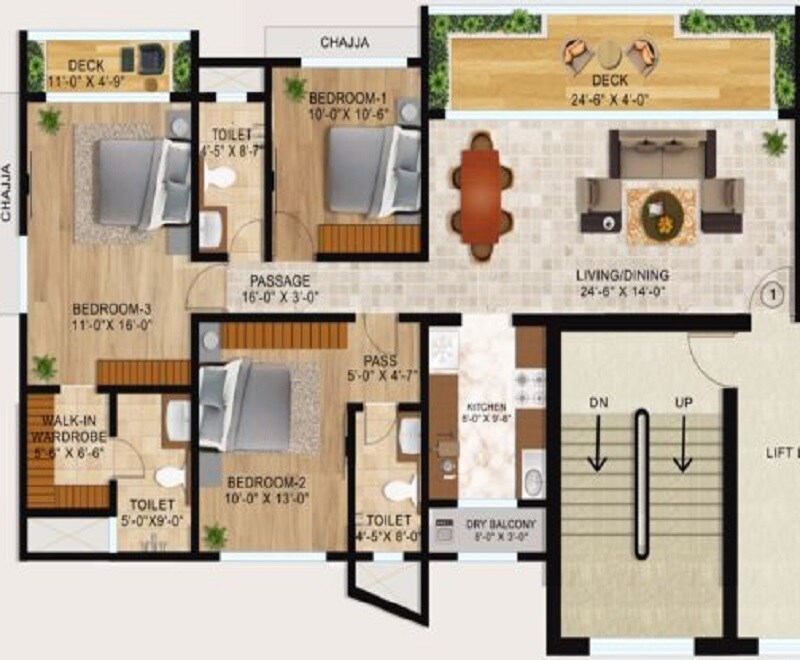 Floor plan of 3 BHK 1239 Sq. Ft. Apartment in Dipti Ocean Terraces, Mumbai