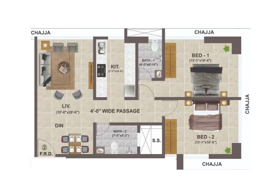 2 BHK 715 Sq. Ft. Apartment