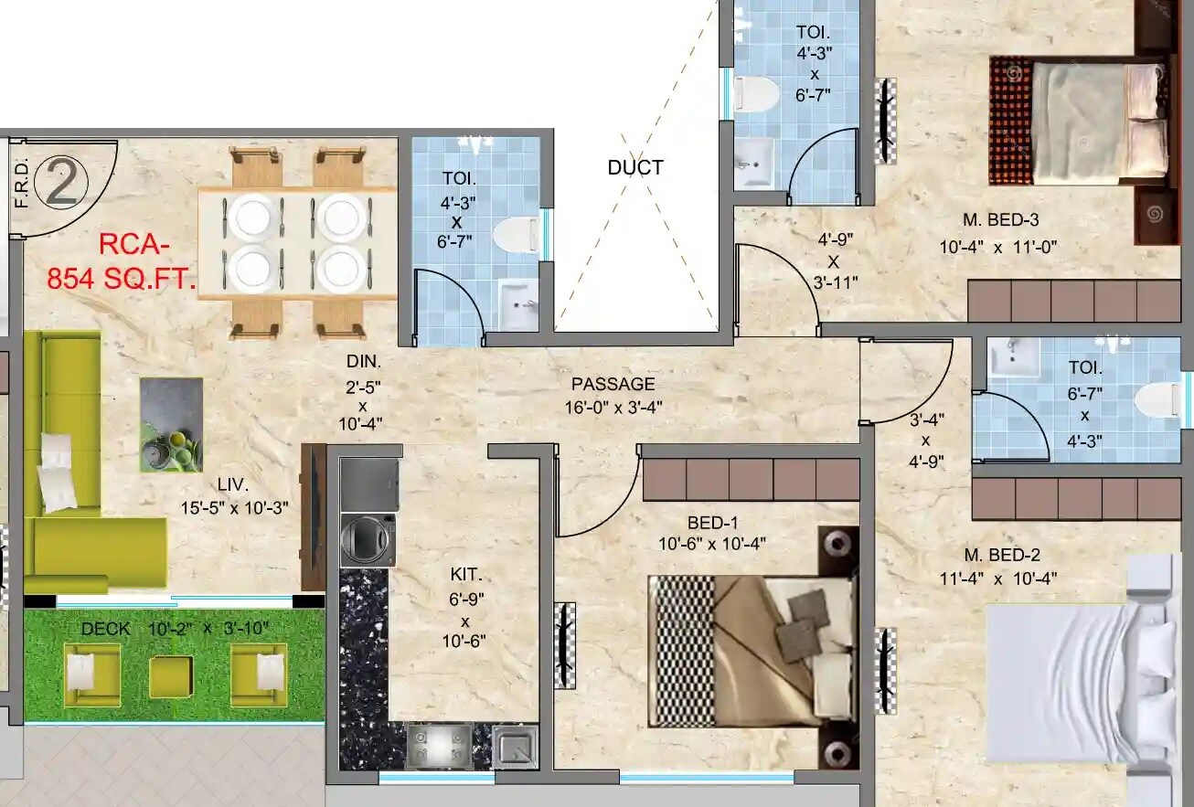 3 BHK 854 Sq. Ft. Apartment