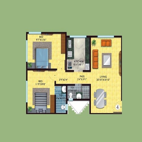 Floor plan of 2 BHK 664 Sq. Ft. Apartment in Dipti Vishvaprem CHS, Mumbai