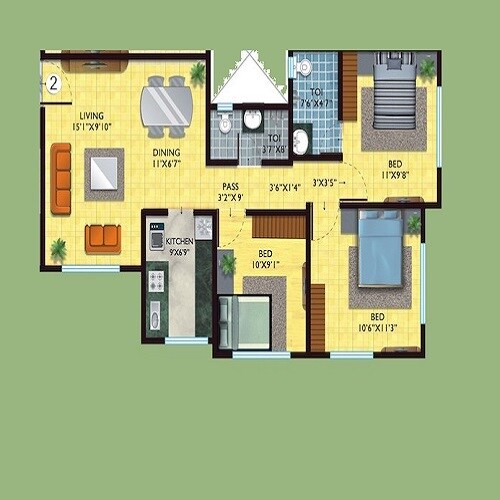 Floor plan of 3 BHK 735 Sq. Ft. Apartment in Dipti Vishwaprem CHS, Mumbai