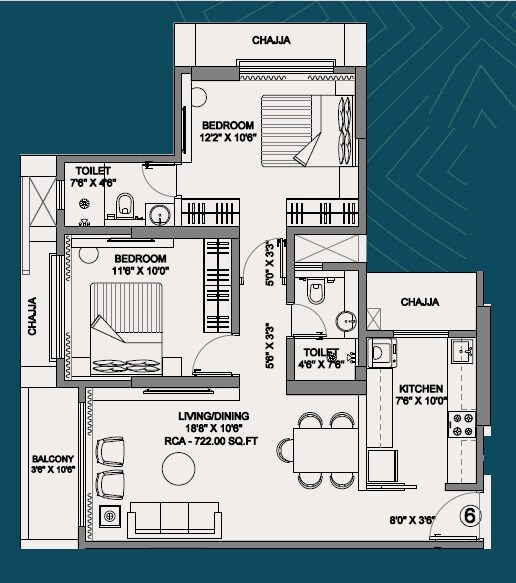 Floor plan of 2 BHK 682 Sq. Ft. Apartment in Disha Elysium, Mumbai