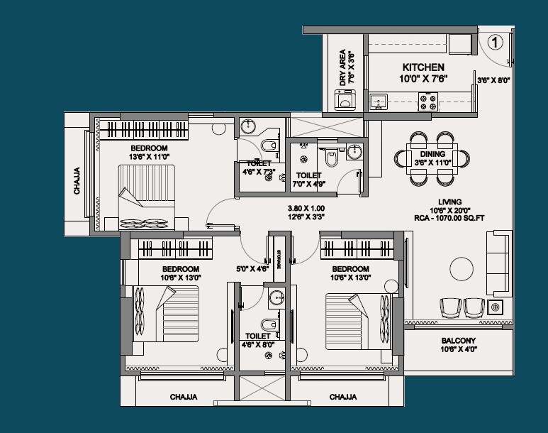 Floor plan of 3 BHK 1070 Sq. Ft. Apartment in Disha Elysium, Mumbai