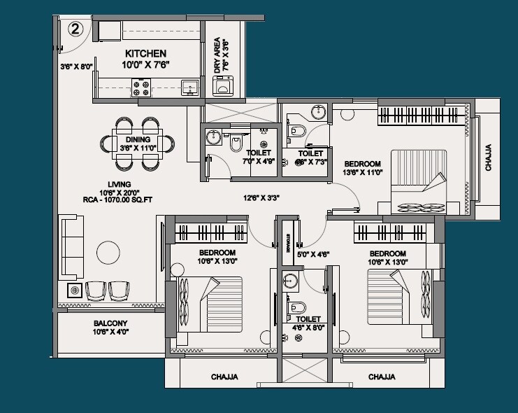 Floor plan of 3 BHK 846 Sq. Ft. Apartment in Disha Elysium, Mumbai