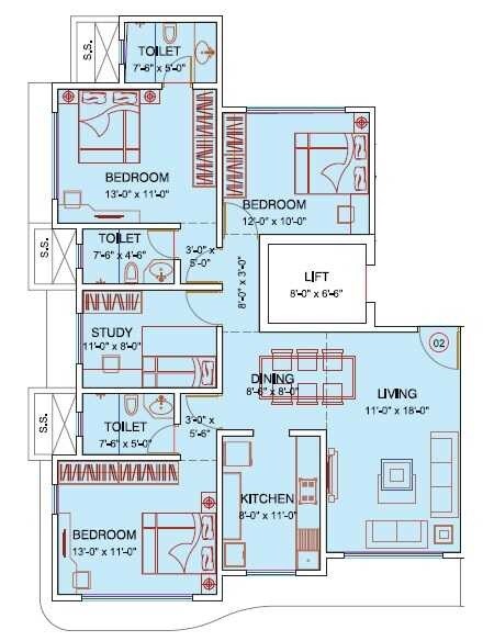 Floor plan of 3 BHK 1137 Sq. Ft. Apartment in Disha Sat Anupa CHS, Mumbai