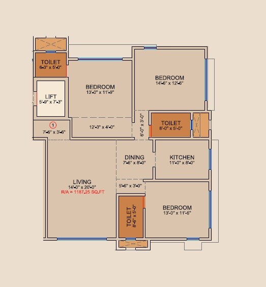 Floor plan of 3 BHK 1188 Sq. Ft. Apartment in Disha Tulip, Mumbai