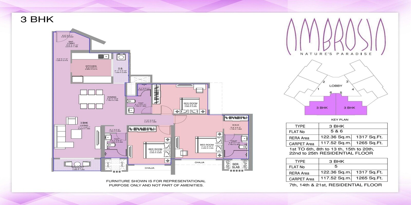 Floor plan of 3 BHK 1317 Sq. Ft. Apartment in Divine Ambrosia Apartment, Mumbai