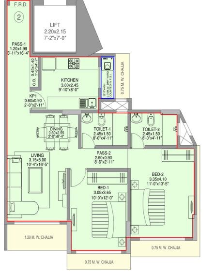 Floor plan of 2 BHK 755 Sq. Ft. Apartment in Divine Aspen Garden, Mumbai