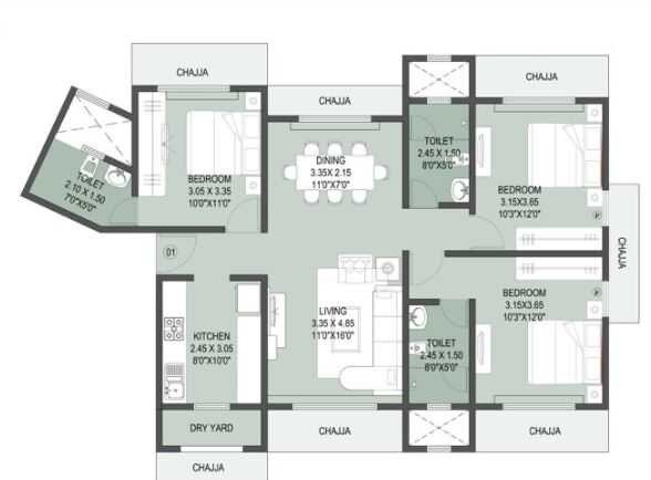 Floor plan of 3 BHK 928 Sq. Ft. Apartment in Divine Aspen Garden, Mumbai