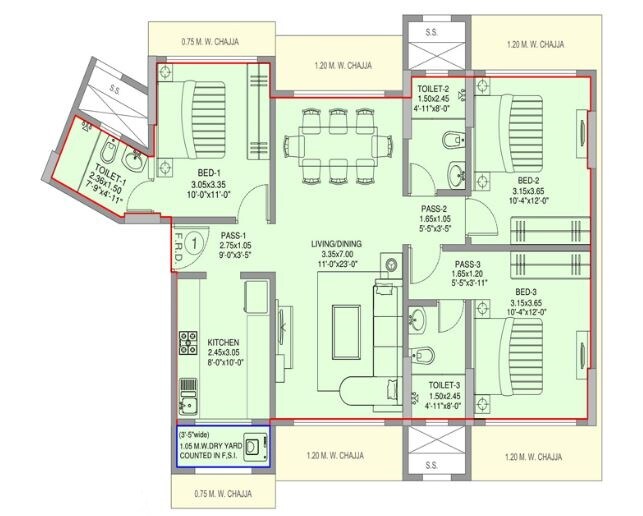 Floor plan of 3 BHK 925 Sq. Ft. Apartment in Divine Aspen Garden, Mumbai