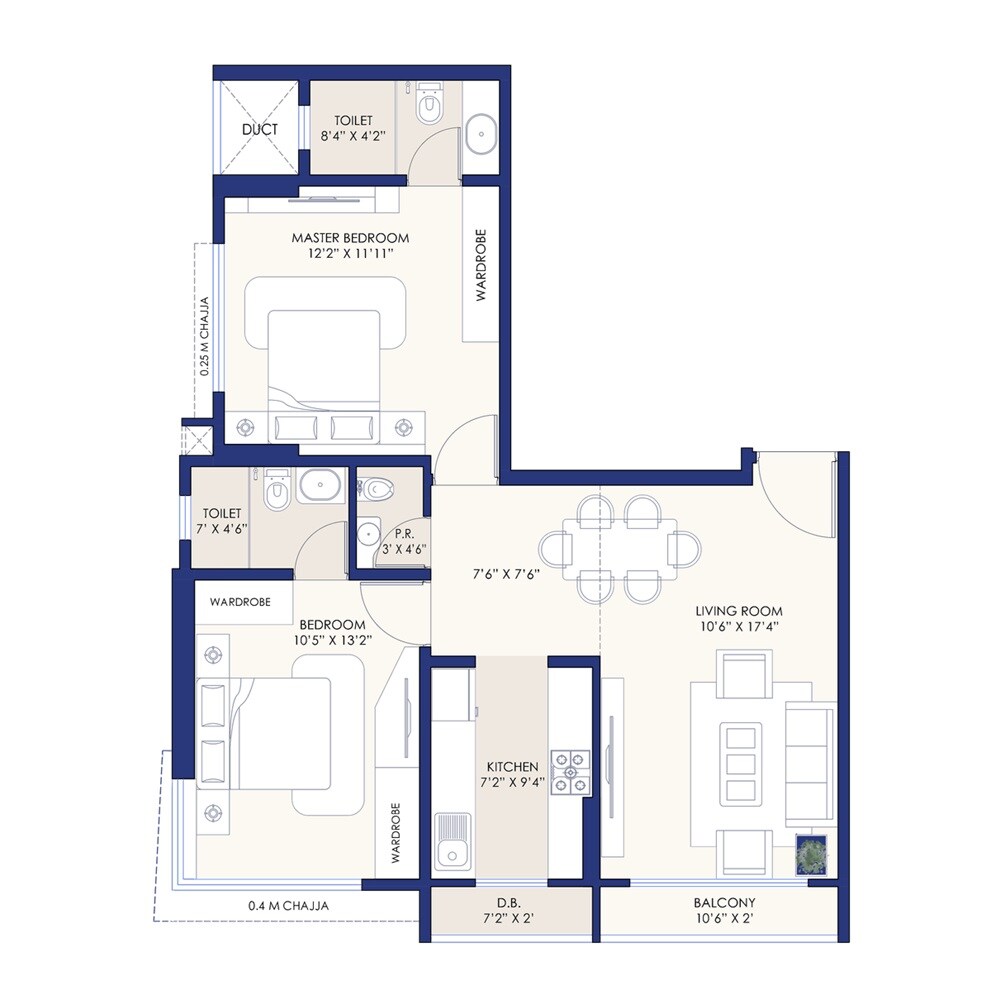 Floor plan of 2 BHK 687 Sq. Ft. Apartment in Divine Park 55, Mumbai