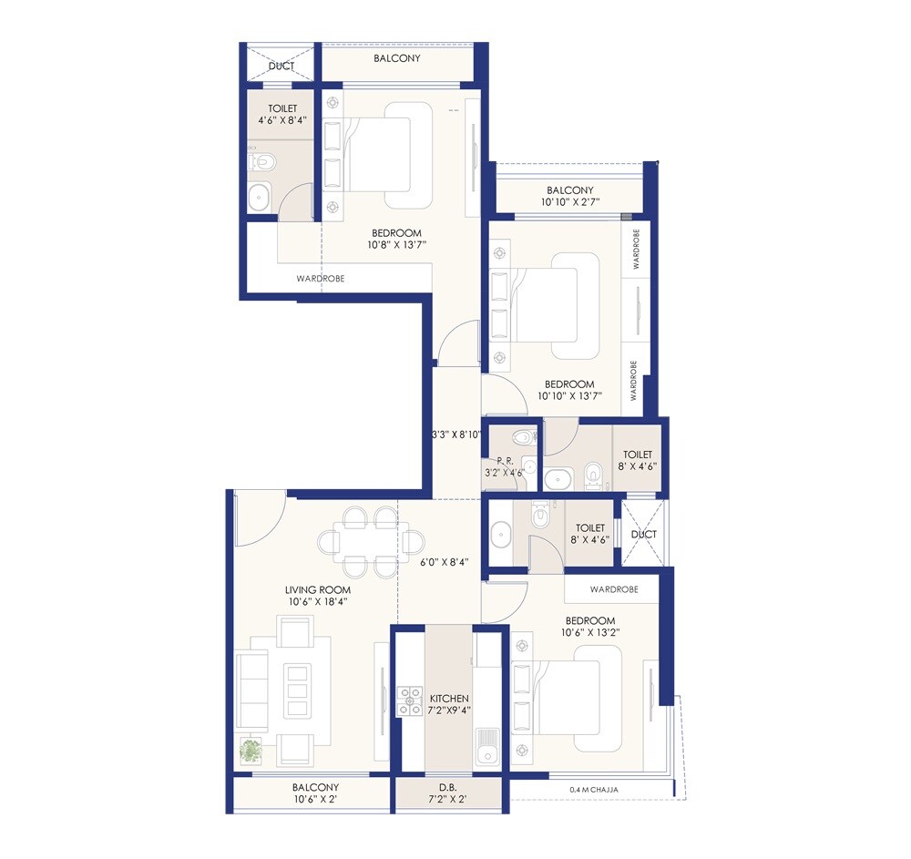 Floor plan of 3 BHK 990 Sq. Ft. Apartment in Divine Park 55, Mumbai