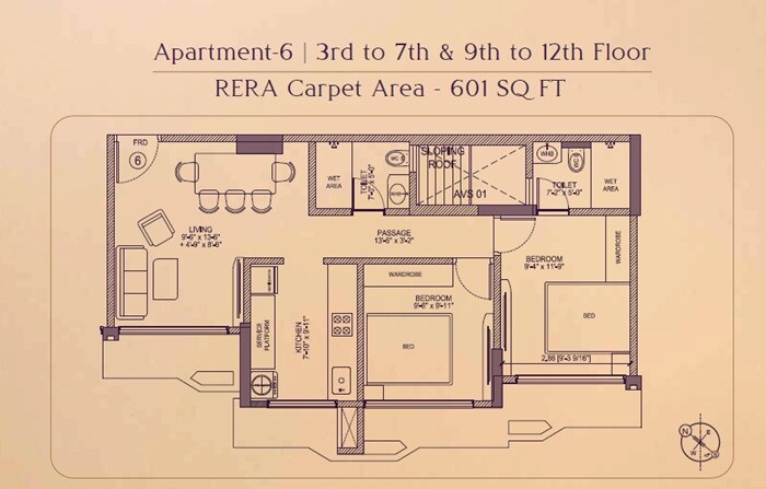 Floor plan of 2 BHK 601 Sq. Ft. Apartment in Divya Jyot Rewa Estate, Mumbai