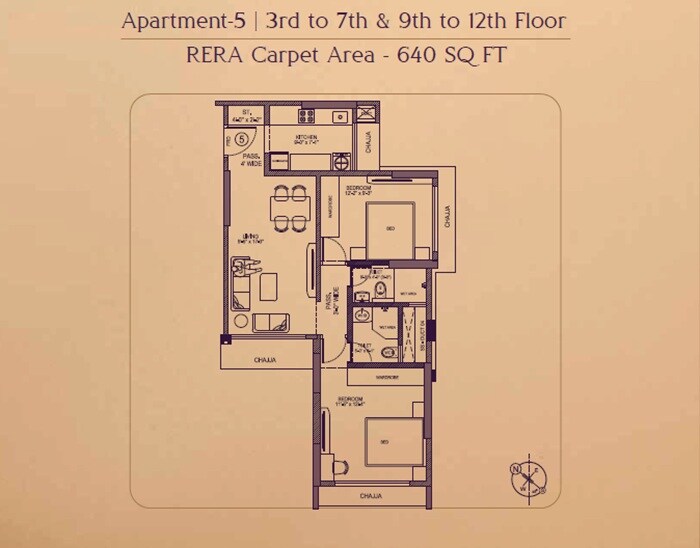 Floor plan of 2 BHK 640 Sq. Ft. Apartment in Divya Jyot Rewa Estate, Mumbai
