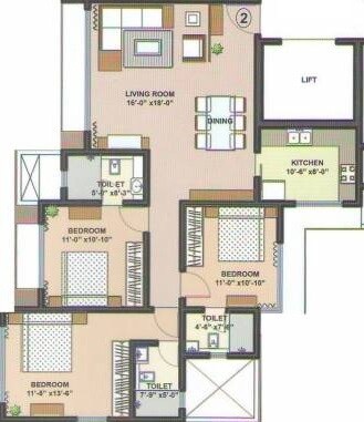 Floor plan of 3 BHK 1600 Sq. Ft. Apartment in DLH Orchid, Mumbai