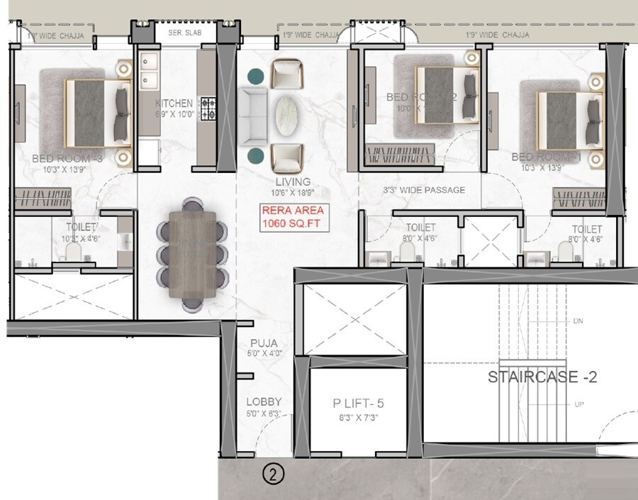 Floor plan of 3 BHK 1060 Sq. Ft. Apartment in DLH Signature, Mumbai