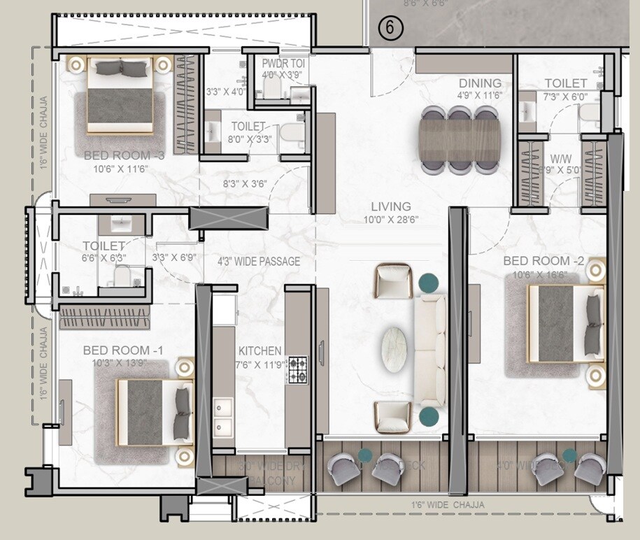 Floor plan of 3 BHK 1180 Sq. Ft. Apartment in DLH Signature, Mumbai