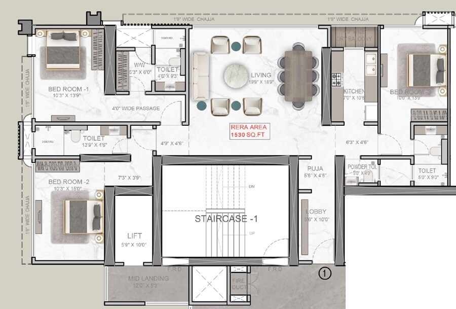 Floor plan of 3 BHK 1530 Sq. Ft. Apartment in DLH Signature, Mumbai