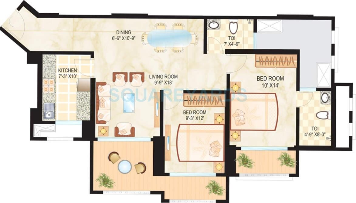 Floor plan of 2 BHK 1376 Sq. Ft. Apartment in Dosti Ambrosia, Mumbai