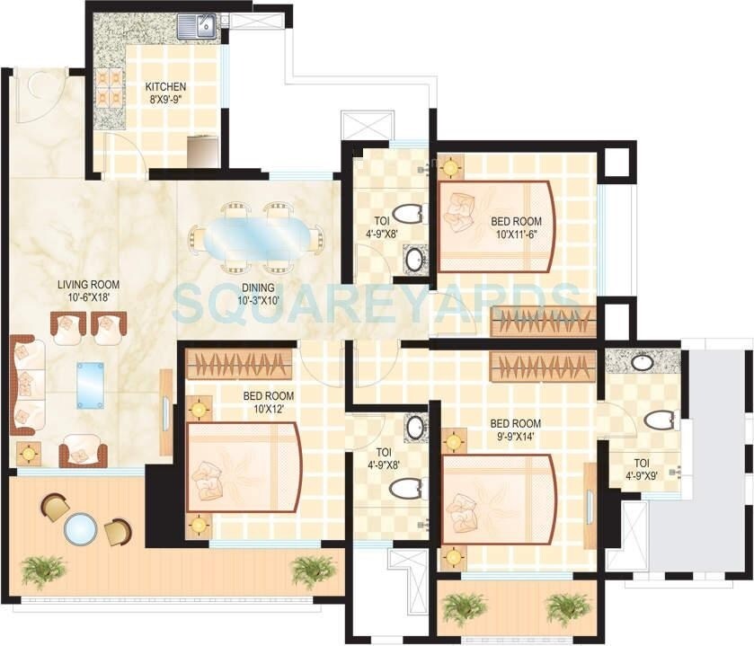 Floor plan of 3 BHK 1735 Sq. Ft. Apartment in Dosti Ambrosia, Mumbai