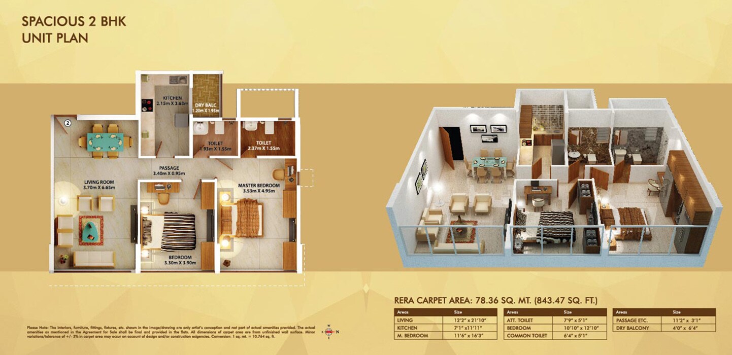 Floor plan of 2 BHK 843 Sq. Ft. Apartment in Dosti Belleza, Mumbai