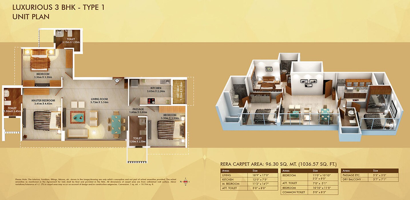 Floor plan of 3 BHK 1036 Sq. Ft. Apartment in Dosti Belleza, Mumbai