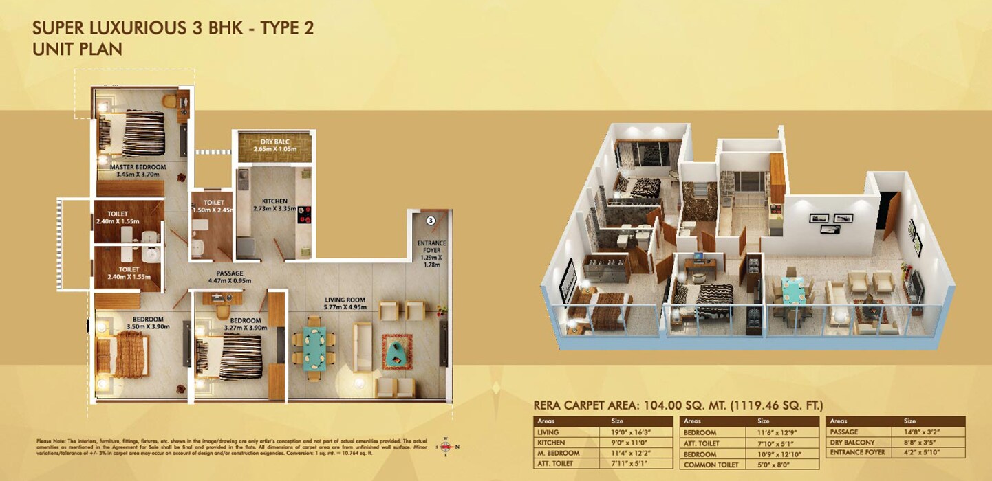 Floor plan of 3 BHK 1119 Sq. Ft. Apartment in Dosti Belleza, Mumbai