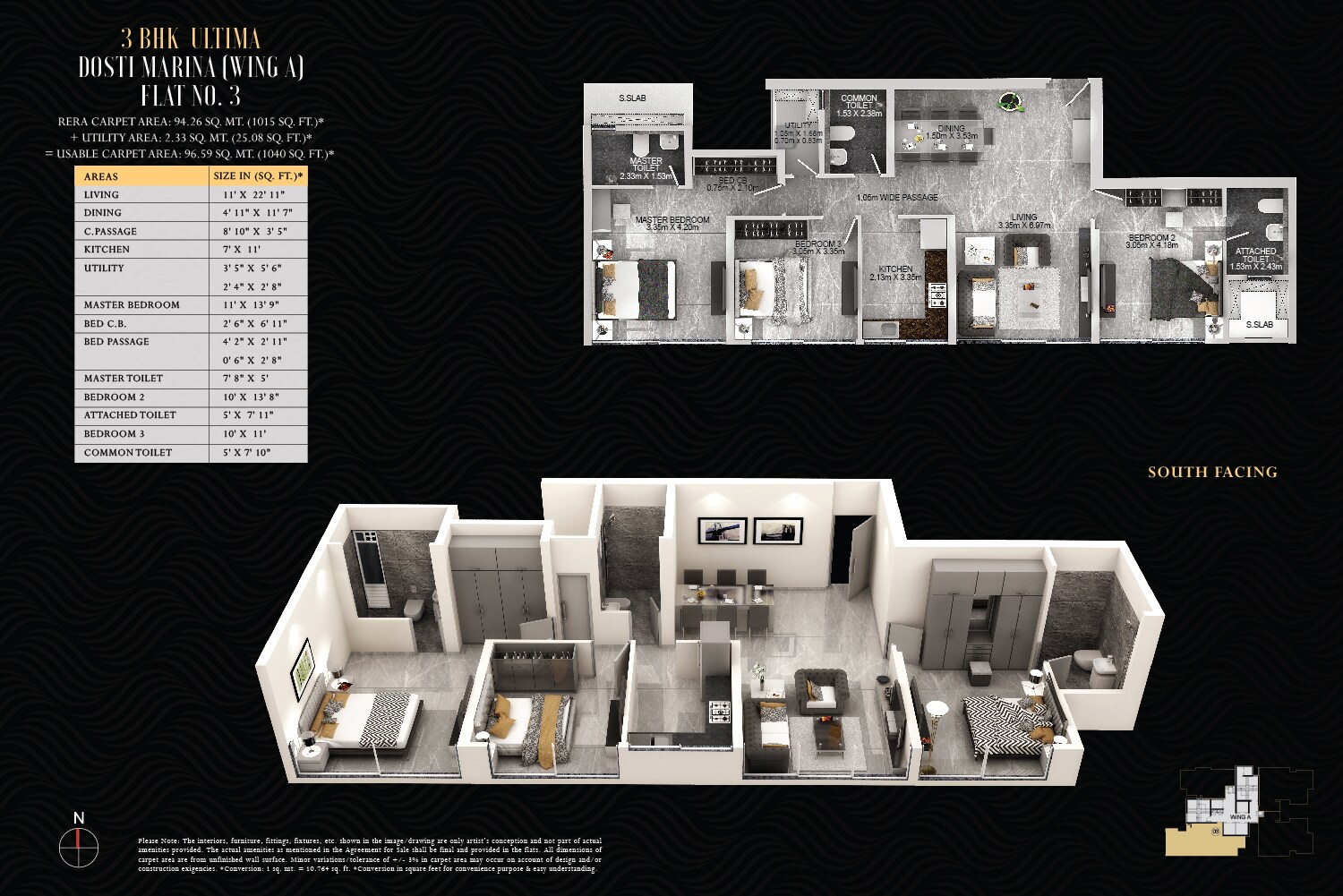 Floor plan of 3 BHK Apartment - 1040 sq. ft. in Dosti Eastern Bay Phase 1, Mumbai