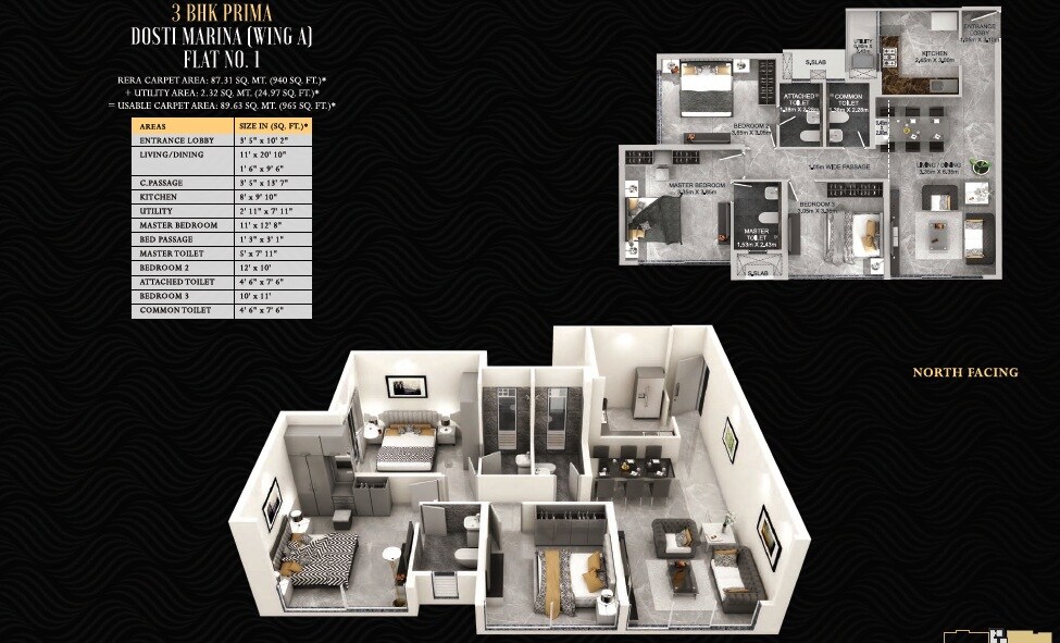 Floor plan of 3 BHK Apartment - 965 sq. ft. in Dosti Eastern Bay Phase 1, Mumbai