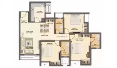 Floor plan of 3 BHK 1100 Sq. Ft. Apartment in Dosti Group Elite, Mumbai