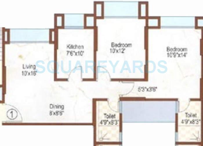 Floor plan of 2 BHK 997 Sq. Ft. Apartment in Dosti Group Florentine, Mumbai
