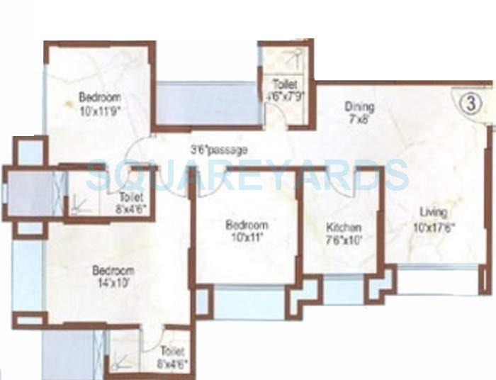 Floor plan of 3 BHK 1275 Sq. Ft. Apartment in Dosti Group Florentine, Mumbai