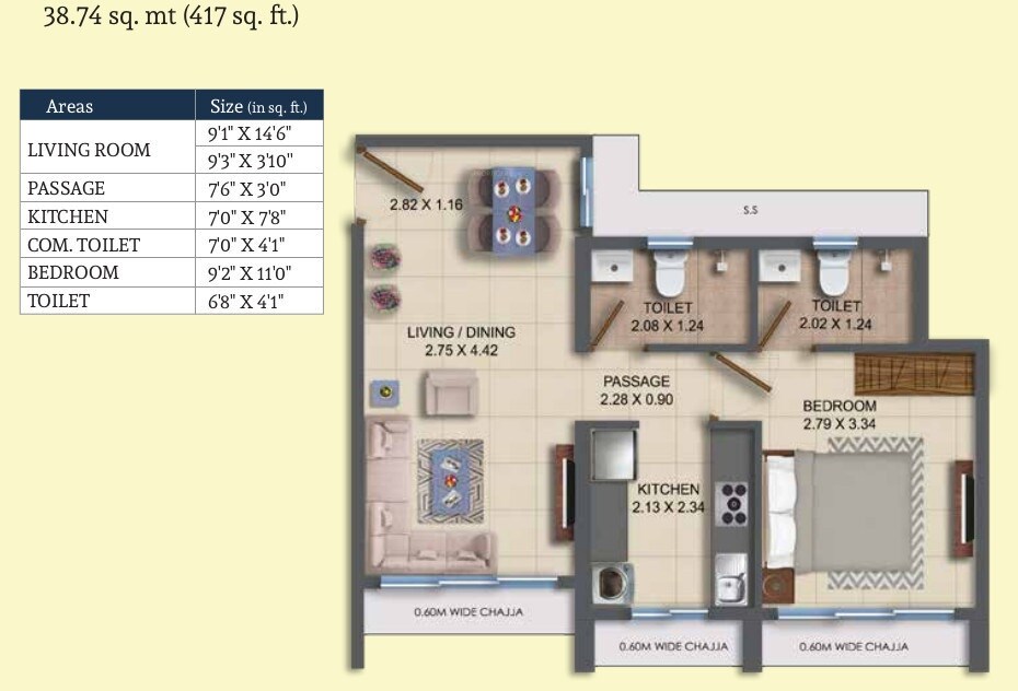 Floor plan of 1 BHK Apartment - 417 sq. ft. in Dosti Oro 67, Mumbai