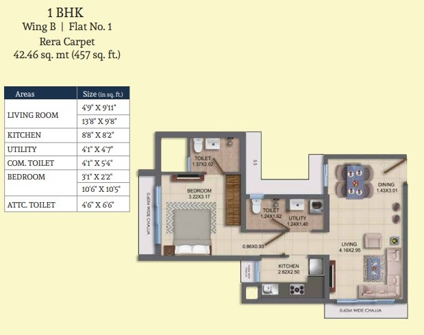 Floor plan of 1 BHK Apartment - 457 sq. ft. in Dosti Oro 67, Mumbai