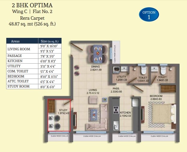 Floor plan of 2 BHK Apartment - 526 sq. ft. in Dosti Oro 67, Mumbai