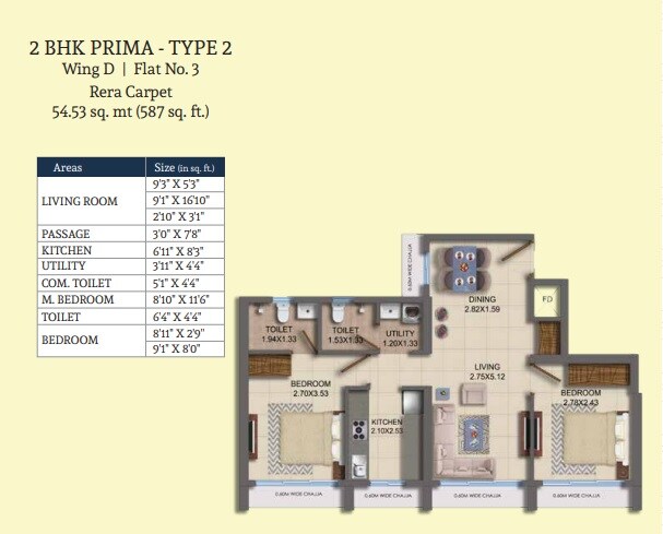 Floor plan of 2 BHK Apartment - 587 sq. ft. in Dosti Oro 67, Mumbai