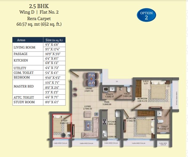 Floor plan of 2 BHK Apartment - 652 sq. ft. in Dosti Oro 67, Mumbai