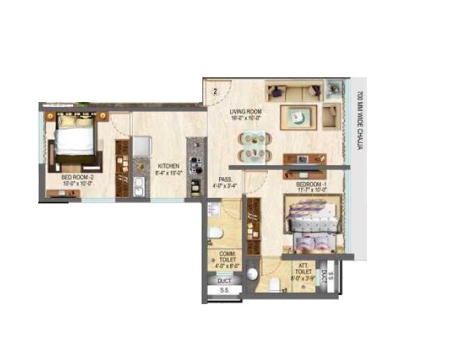 Floor plan of 2 BHK 561 Sq. Ft. Apartment in Dotom Desire, Mumbai