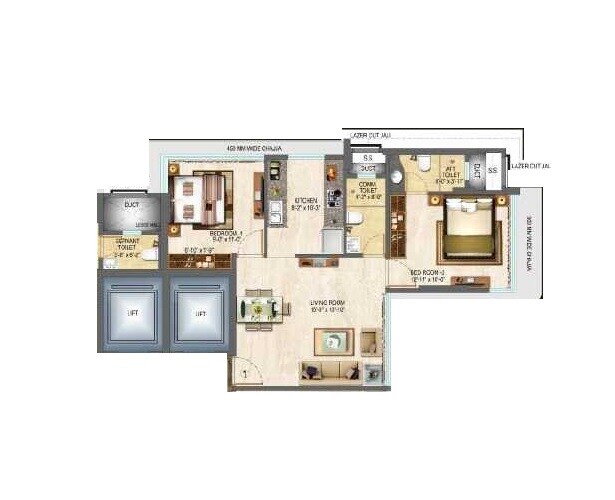 Floor plan of 2 BHK 636 Sq. Ft. Apartment in Dotom Desire, Mumbai